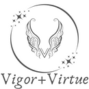 Dark grey circle with stars around a set of angel wings with a double v in the centre Vigor + Virtue
