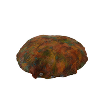 Load image into Gallery viewer, round meditation floor cushion felted with merino wool into silk fabric with tussah silk bamboo accents mixtures of various shades of green, rust, and patina, cooper and teal shimmery accents.
