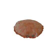 Load image into Gallery viewer, top view of a round meditation floor cushion made from felted soft merino wool into silk fabric with silk accents to give the cream and peach wool a soft shimmer with a white background
