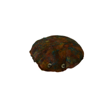 Load image into Gallery viewer, top side view of an artisan meditation floor cushion made from soft felted merino wool into silk fabric with silk, bamboo, and other natural fiber accents for a pop of color and shimmer. various shades of browns and greens mixed with rust and patina with hints of teal and copper with a white background
