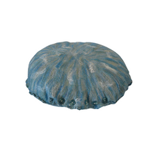 Load image into Gallery viewer, top view of artisan floor meditation cushion made with luxurious soft merino wool felted into silk fabric with silk accents the blues and greens mix with white shimmers of tussah silk as an accent with a white background
