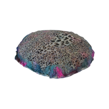 Load image into Gallery viewer, top view with leopard print showing &quot; Unicorn&#39;s Breath Meditation Cushion&quot; a round artisan made floor meditation cushion. hand made with merino wool felted into silk fabric with a leopard print various shades of blues teals some purples pinks and white shimmer. white background
